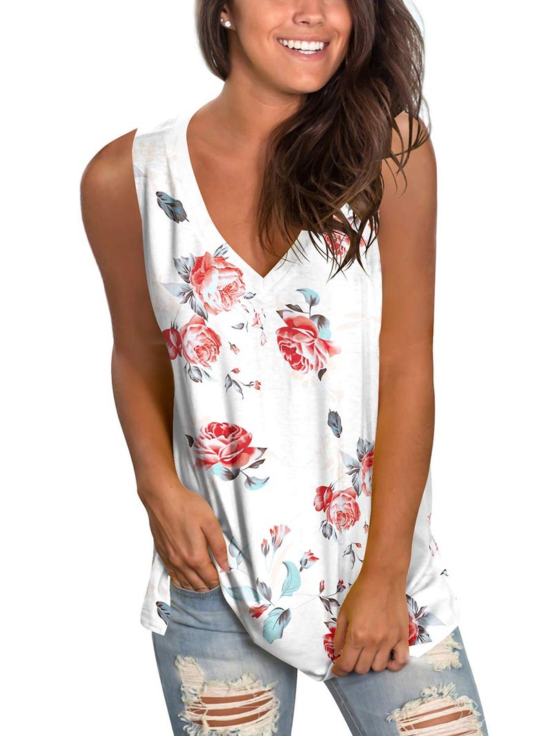 SAMPEEL White Tank Top Women V Neck Sleeveless Shirts for Women Casual Summer Tees M - Image 2